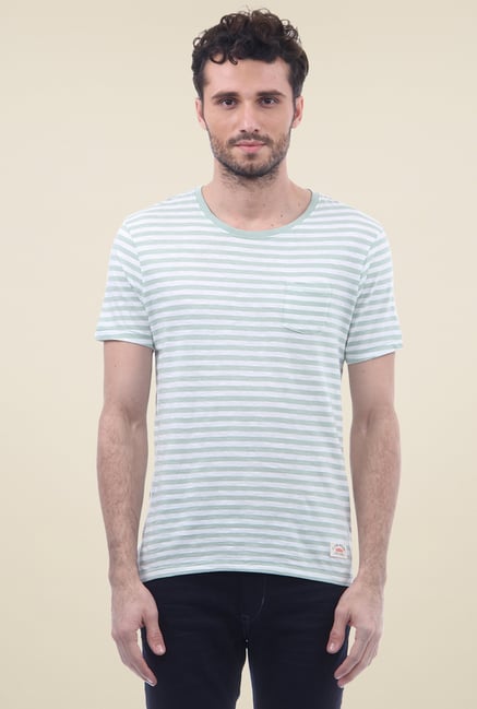 Flying Machine Sage Green & White Striped Cotton T-Shirt Flying Machine Sage Green & White Striped Cotton T-Shirt