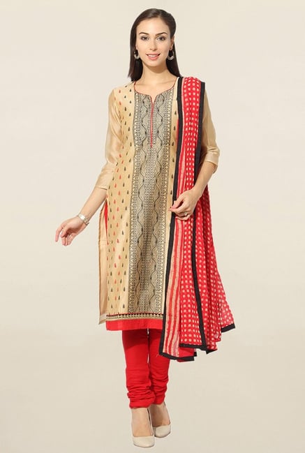 Jashn Beige & Red Embroidered Chanderi Dress Material Jashn Beige & Red Embroidered Chanderi Dress Material