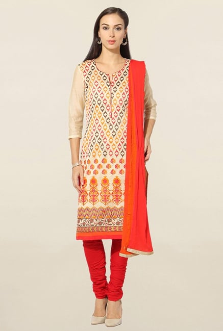 Jashn Beige & Red Embroidered Chanderi Dress Material Jashn Beige & Red Embroidered Chanderi Dress Material