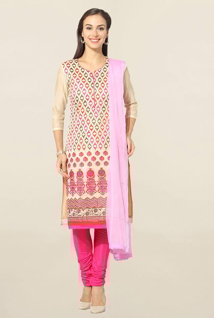 Jashn Beige & Pink Embroidered Chanderi Dress Material Jashn Beige & Pink Embroidered Chanderi Dress Material
