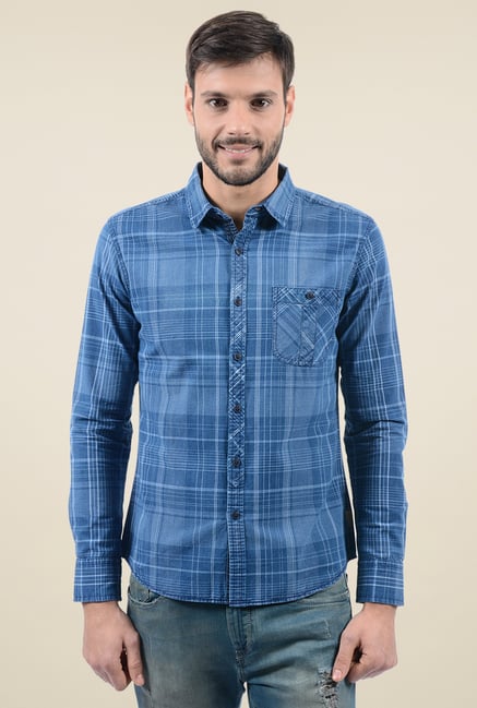 Flying Machine Blue Cotton Checks Shirt Flying Machine Blue Cotton Checks Shirt