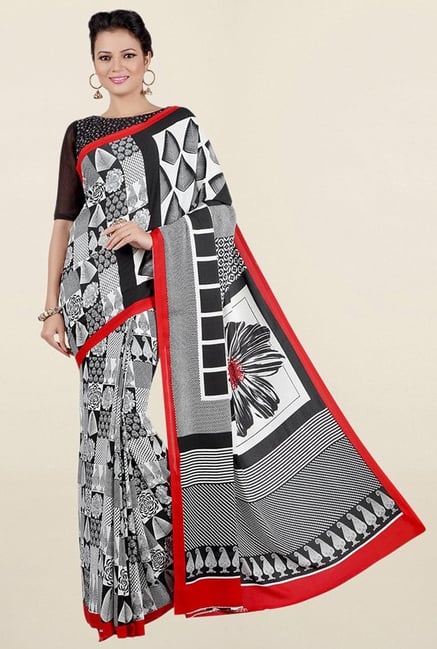 Jashn Off White & Black Printed Crepe Saree Jashn Off White & Black Printed Crepe Saree