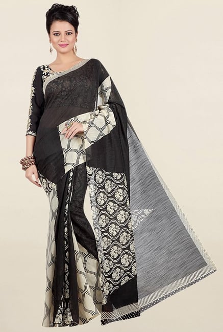 Jashn Black & Beige Printed Bhagalpuri Silk Saree Jashn Black & Beige Printed Bhagalpuri Silk Saree