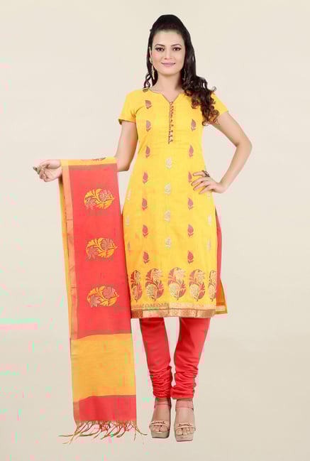 Jashn Yellow & Coral Chanderi Unstitched Churidar Kameez Jashn Yellow & Coral Chanderi Unstitched Churidar Kameez