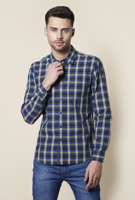 Levi's Blue & Taupe Checks Regular Fit Cotton Shirt Levi's Blue & Taupe Checks Regular Fit Cotton Shirt