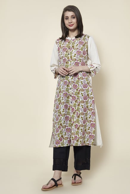 Zudio Off White Floral Print Kurta Zudio Off White Floral Print Kurta