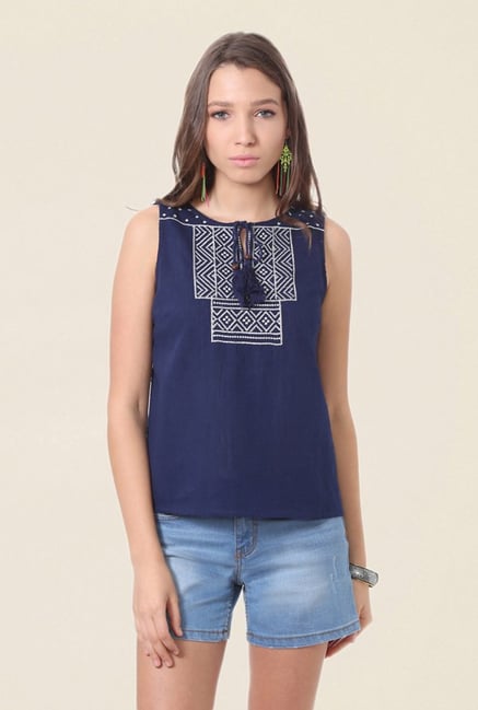 People Navy Embroidered Top People Navy Embroidered Top