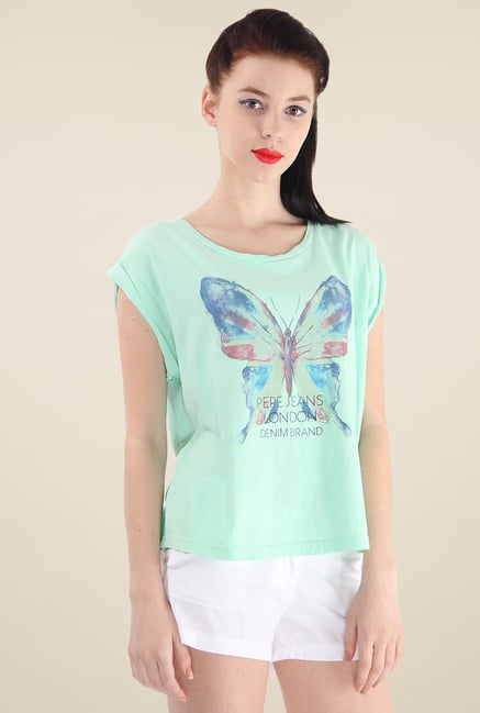 Pepe Jeans Sea Green Printed Cotton T-Shirt Pepe Jeans Sea Green Printed Cotton T-Shirt