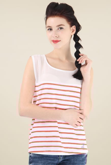 Pepe Jeans White & Orange Sleeveless Striped T-Shirt Pepe Jeans White & Orange Sleeveless Striped T-Shirt