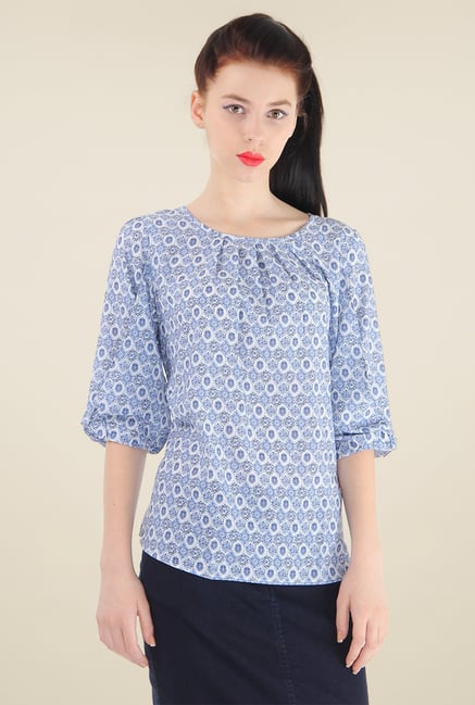 Pepe Jeans Blue & White Printed Elbow Sleeves Top Pepe Jeans Blue & White Printed Elbow Sleeves Top