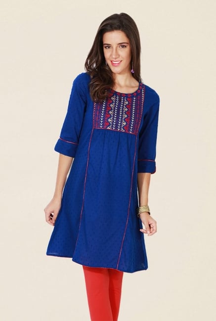 People Blue Embroidered Cotton Kurta People Blue Embroidered Cotton Kurta