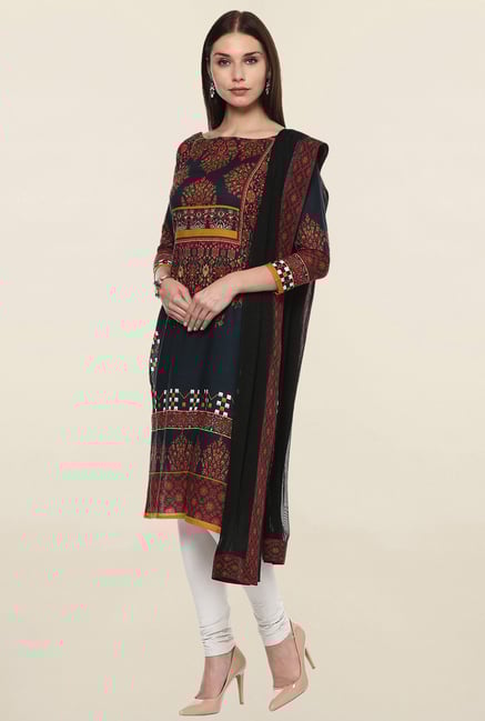 Ahalyaa Navy & Black Cotton Kurta Dupatta Stitched Combo Set Ahalyaa Navy & Black Cotton Kurta Dupatta Stitched Combo Set