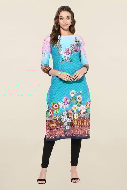 Ahalyaa Sky Blue Floral Print Cotton Kurti Ahalyaa Sky Blue Floral Print Cotton Kurti