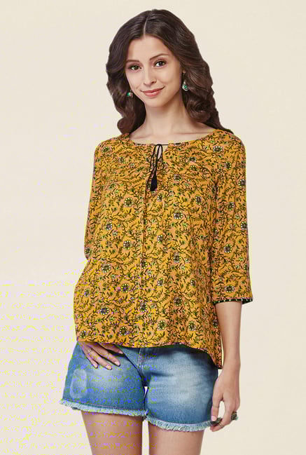 Global Desi Mustard Floral Print Top Global Desi Mustard Floral Print Top