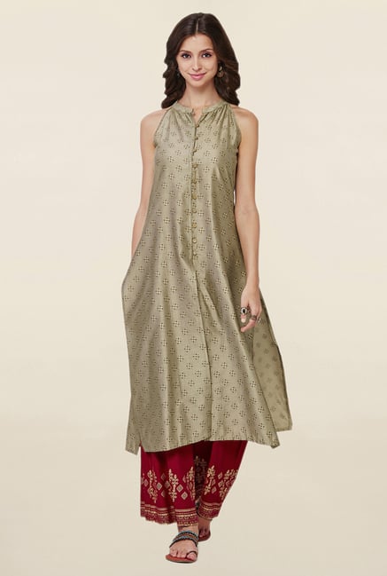 Global Desi Beige & Maroon Printed Kurta With Palazzo Global Desi Beige & Maroon Printed Kurta With Palazzo