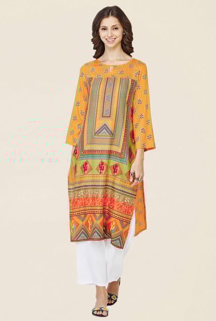 Global Desi Mustard Printed Kurta Global Desi Mustard Printed Kurta