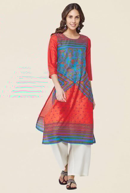 Global Desi Red & Blue Printed Kurta Global Desi Red & Blue Printed Kurta