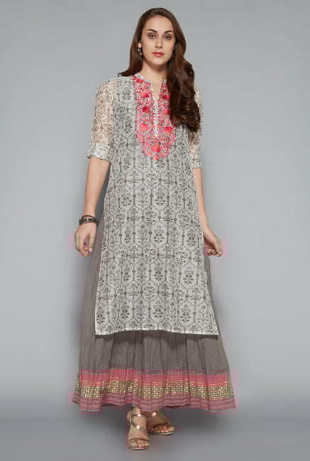 Vark by Westside Off White & Grey Embroidered Maxi Suit Set Vark by Westside Off White & Grey Embroidered Maxi Suit Set