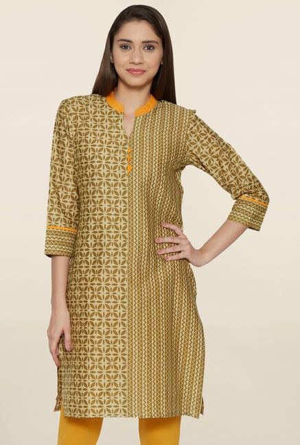 Globus Olive Printed Cotton Kurta Globus Olive Printed Cotton Kurta