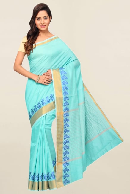 Pavecha's Turquoise Cotton Polyblend Saree With Blouse Pavecha's Turquoise Cotton Polyblend Saree With Blouse