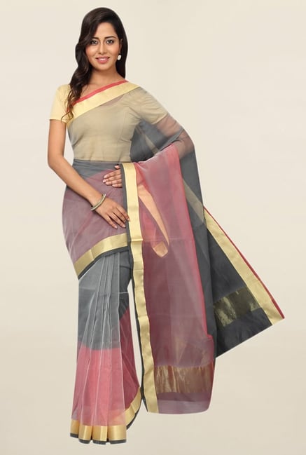 Pavecha's Grey & Coral Cotton Polyblend Saree With Blouse Pavecha's Grey & Coral Cotton Polyblend Saree With Blouse