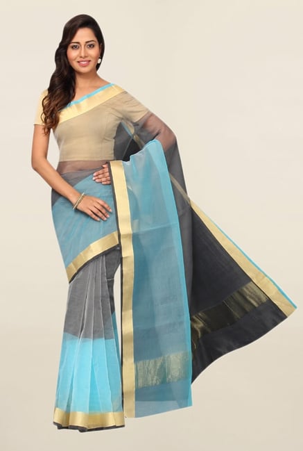 Pavecha's Grey & Blue Cotton Polyblend Saree With Blouse Pavecha's Grey & Blue Cotton Polyblend Saree With Blouse