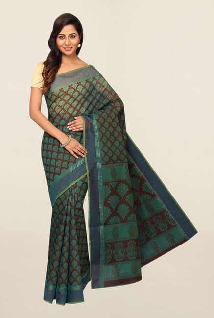 Pavecha's Teal Printed Polyester Saree With Blouse Pavecha's Teal Printed Polyester Saree With Blouse