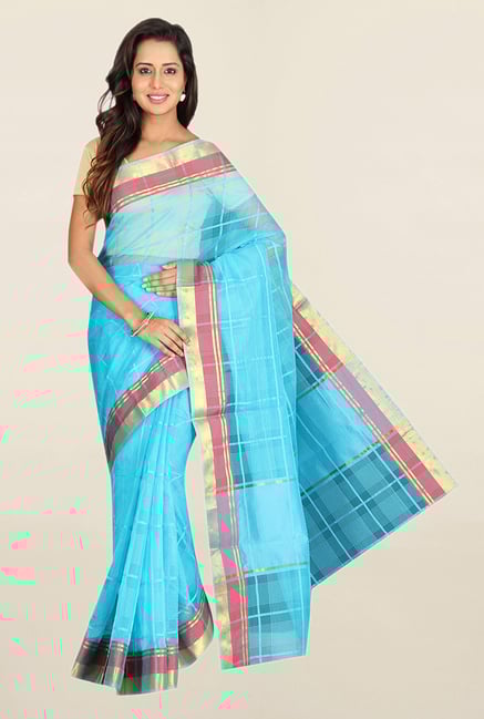 Pavecha's Blue Checks Polyester Saree With Blouse Pavecha's Blue Checks Polyester Saree With Blouse