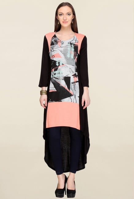 W Peach & Black Printed Kurta W Peach & Black Printed Kurta