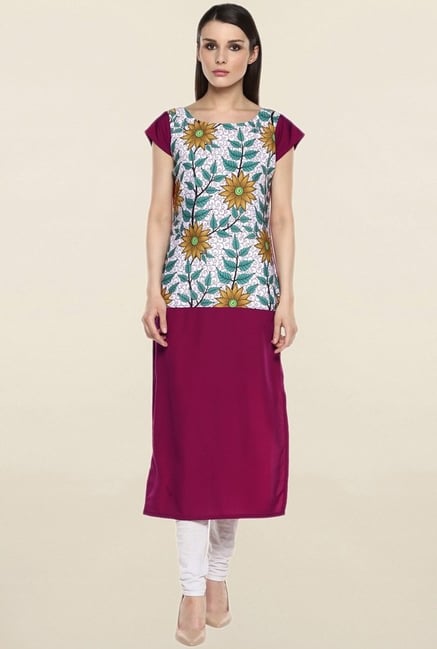Ziyaa White & Magenta Floral Print Crepe Kurta Ziyaa White & Magenta Floral Print Crepe Kurta