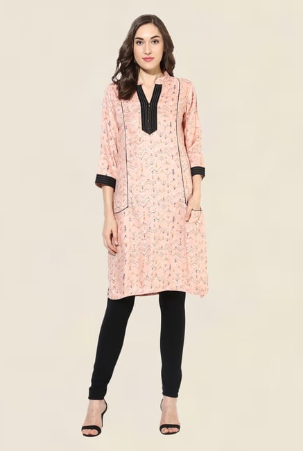 Mytri Peach Printed Rayon Kurta Mytri Peach Printed Rayon Kurta