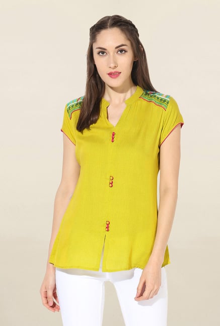 Mytri Yellow Striped Rayon Kurti Mytri Yellow Striped Rayon Kurti