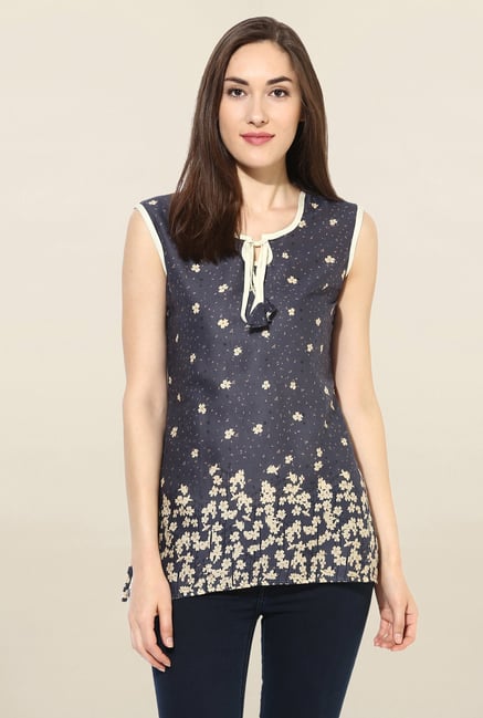 Mytri Grey Floral Print Rayon Kurti Mytri Grey Floral Print Rayon Kurti
