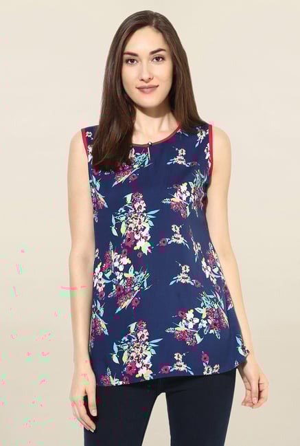 Mytri Navy Floral Print Cotton Kurti Mytri Navy Floral Print Cotton Kurti