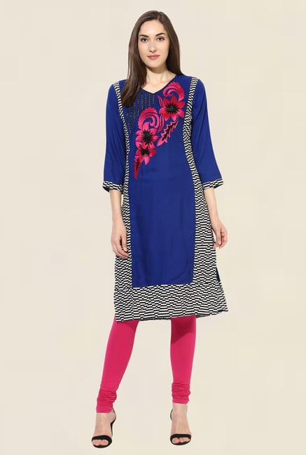 Mytri Royal Blue Embroidered Rayon Kurta Mytri Royal Blue Embroidered Rayon Kurta