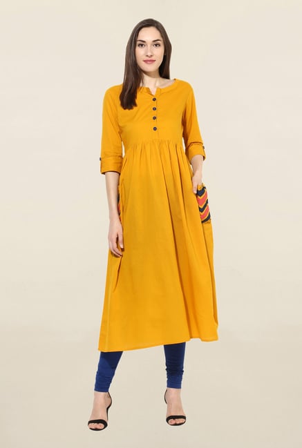 Mytri Mustard Solid Cambric Kurta Mytri Mustard Solid Cambric Kurta