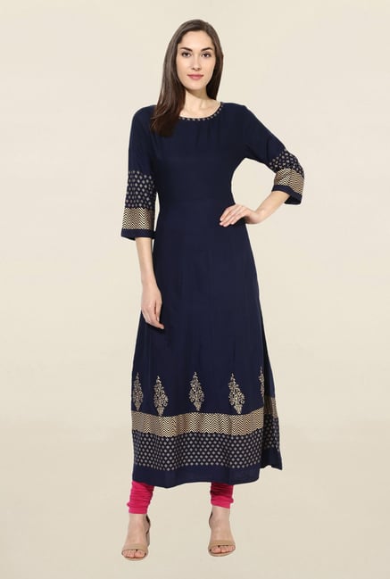 Mytri Navy Printed Rayon Kurta Mytri Navy Printed Rayon Kurta