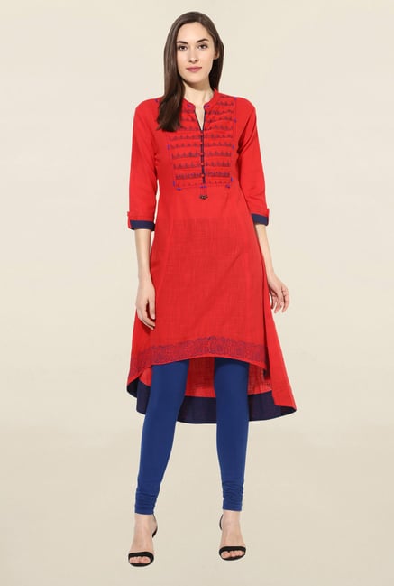 Mytri Red Embroidered Cotton Kurta Mytri Red Embroidered Cotton Kurta
