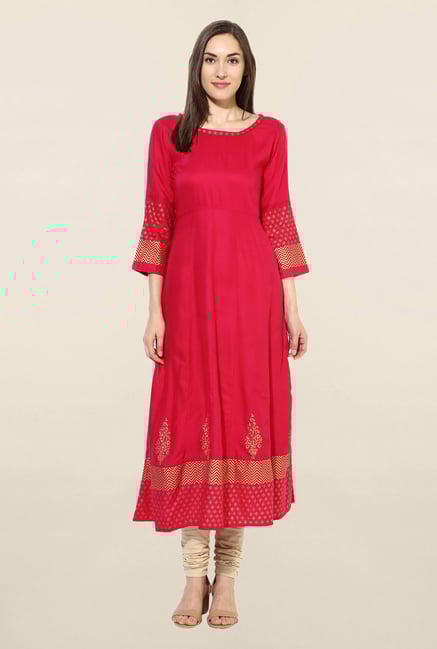 Mytri Pink Printed Rayon Kurta Mytri Pink Printed Rayon Kurta