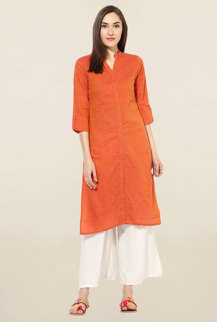 Mytri Orange Solid South Cotton Kurta Mytri Orange Solid South Cotton Kurta