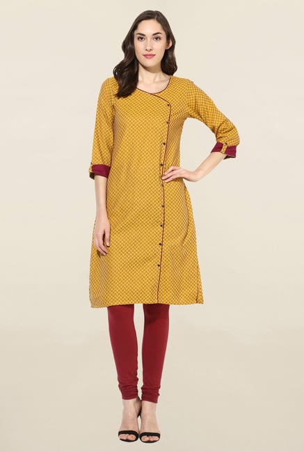 Mytri Mustard Printed Jacquard Kurta Mytri Mustard Printed Jacquard Kurta