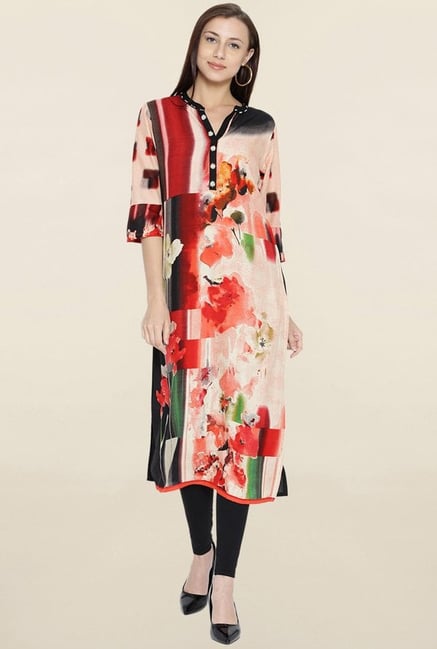 Shree Red & Beige Floral Print Kurta Shree Red & Beige Floral Print Kurta
