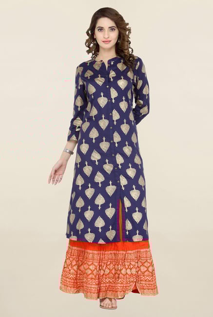 Varanga Blue & Orange Printed Kurta With Palazzo Varanga Blue & Orange Printed Kurta With Palazzo