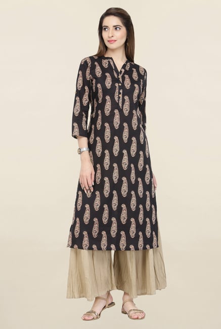 Varanga Black & Beige Printed Kurta With Palazzo Varanga Black & Beige Printed Kurta With Palazzo