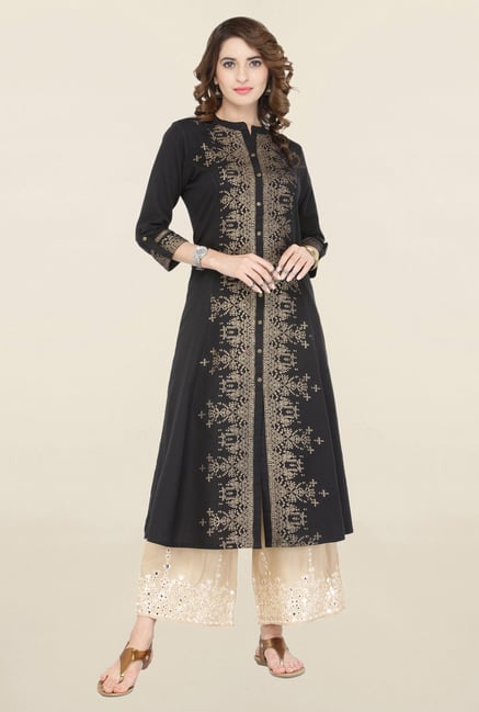 Varanga Black & Beige Printed Kurta With Palazzo Varanga Black & Beige Printed Kurta With Palazzo