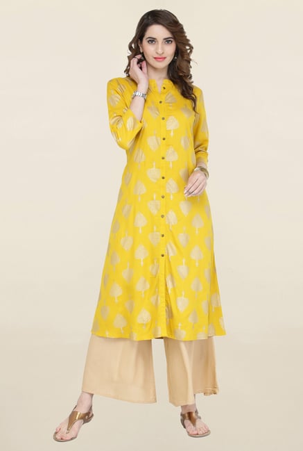Varanga Yellow & Beige Printed Kurta With Palazzo Varanga Yellow & Beige Printed Kurta With Palazzo