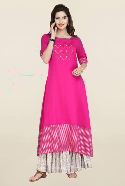 Varanga Pink & White Embroidered Kurta With Skirt Varanga Pink & White Embroidered Kurta With Skirt