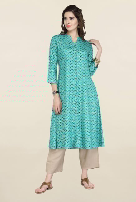 Varanga Turquoise & Beige Printed Kurta With Palazzo Varanga Turquoise & Beige Printed Kurta With Palazzo