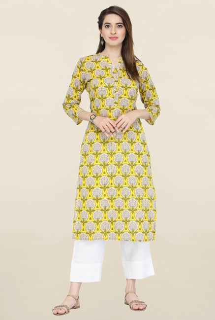 Varanga Yellow & White Printed Kurta With Pants Varanga Yellow & White Printed Kurta With Pants
