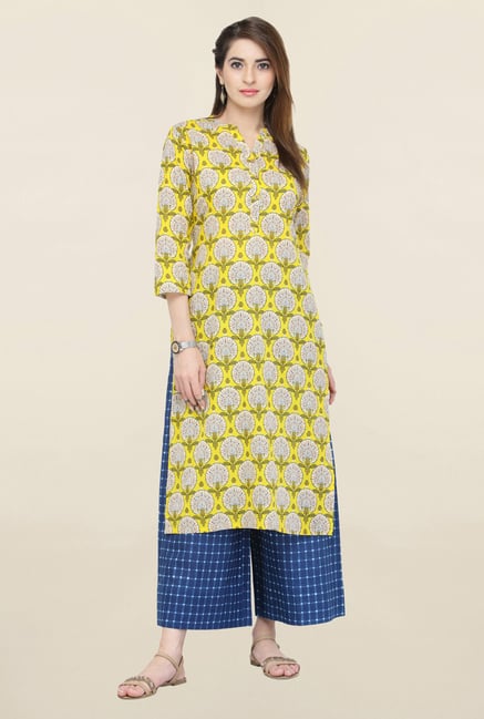 Varanga Yellow & Blue Printed Kurta With Palazzo Varanga Yellow & Blue Printed Kurta With Palazzo
